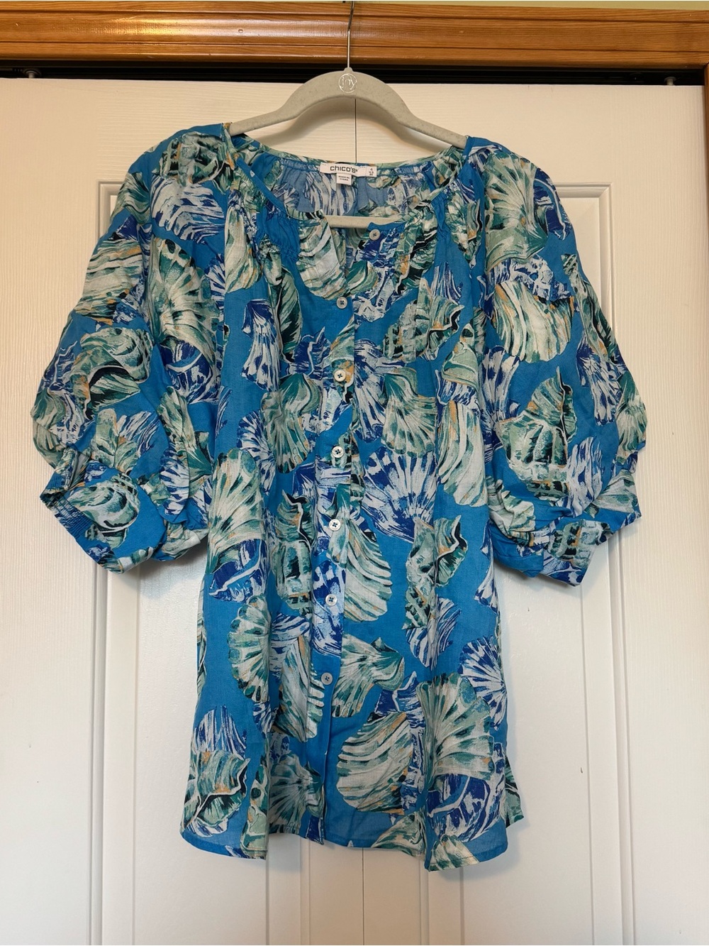 CHICO'S Puff Sleeve Blouse Womens 20‎ (4) Blue Seashells Short Sleeve Button UP